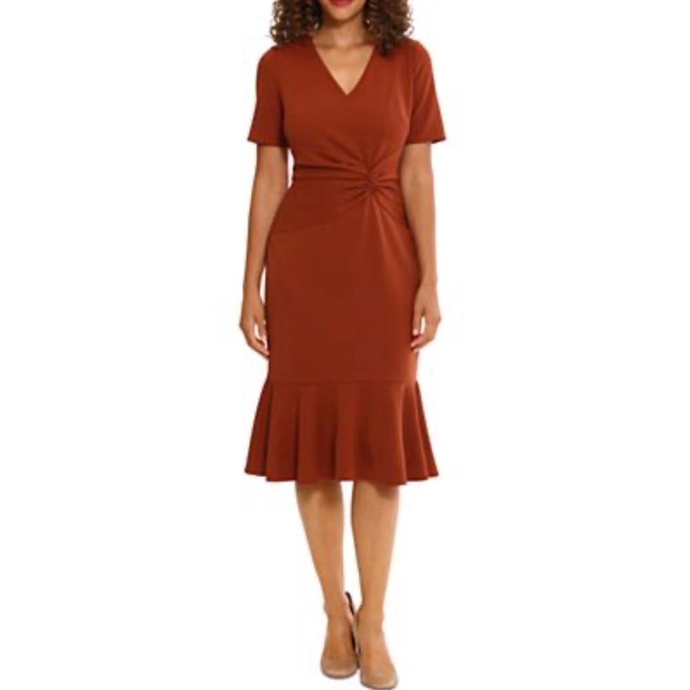 London Times Rust Twist Front Midi Dress 10 VNeck Mermaid Hem Cocktail Career